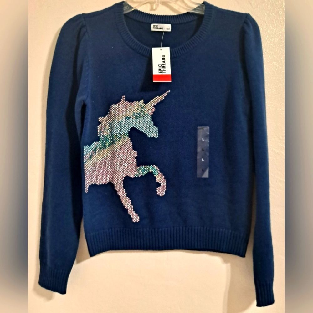Epic Threads Navy Unicorn Sweater Sequins Girls Large NWT